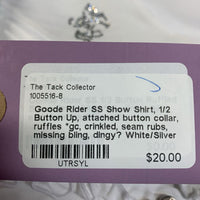 SS Show Shirt, 1/2 Button Up, attached button collar, ruffles *gc, crinkled, seam rubs, missing bling, dingy?
