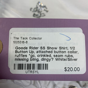 SS Show Shirt, 1/2 Button Up, attached button collar, ruffles *gc, crinkled, seam rubs, missing bling, dingy?