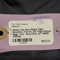 Sticky Full Seat Riding Tight Breeches, Pull On, Zip Thigh Pocket, tags *new
