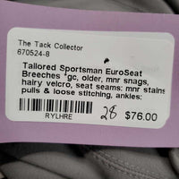 EuroSeat Breeches *gc, older, mnr snags, hairy velcro, seat seams: mnr stains, pulls & loose stitching, ankles: faded & pilly edges