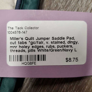 Quilt Jumper Saddle Pad, cut tabs *gc/fair, v. stained, dingy, mnr holey edges, rubs, puckers, threads, pills