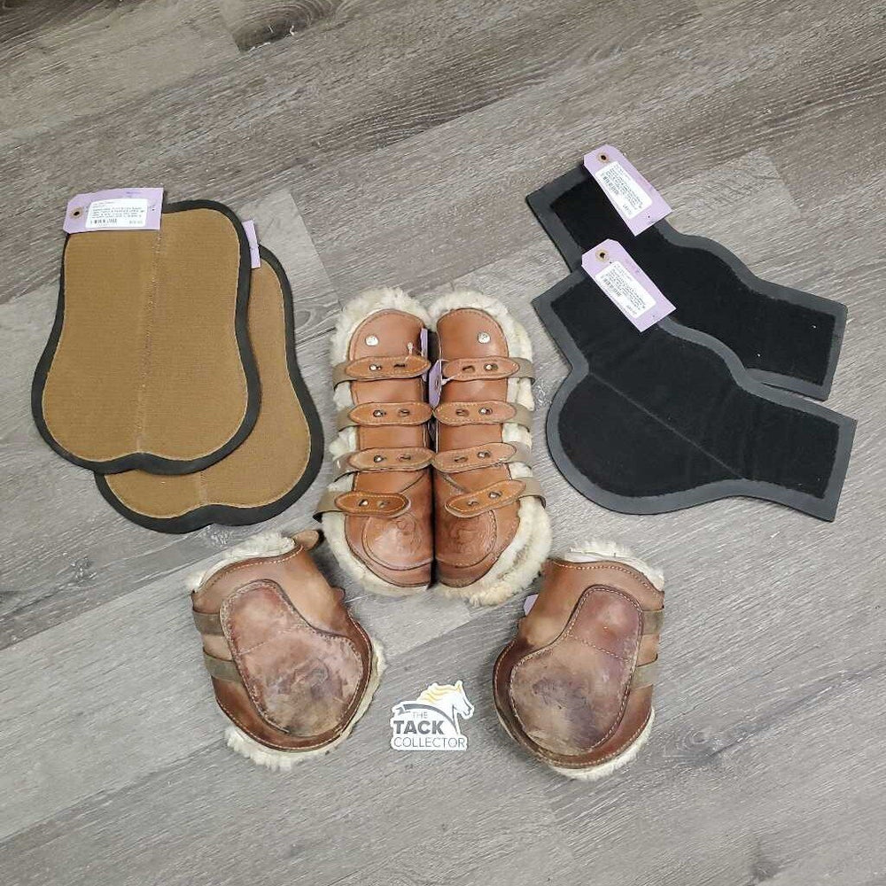 Open Front & Hind Boots, tabs, Fleece & Neoprene Liners *gc, clean & dirty, stains, film, rubs, scrapes, faded, older