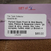 Open Front & Hind Boots, tabs, Fleece & Neoprene Liners *gc, clean & dirty, stains, film, rubs, scrapes, faded, older