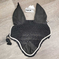 Crochet Fly Veil Ear Bonnet, string, piping *vgc, clean, older, shrunk?puckered & curled, mnr faded