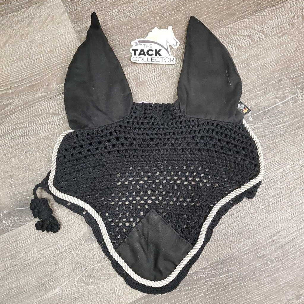 Crochet Fly Veil Ear Bonnet, string, piping *vgc, clean, older, shrunk?puckered & curled, mnr faded