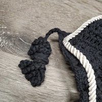 Crochet Fly Veil Ear Bonnet, string, piping *vgc, clean, older, shrunk?puckered & curled, mnr faded