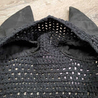 Crochet Fly Veil Ear Bonnet, string, piping *vgc, clean, older, shrunk?puckered & curled, mnr faded