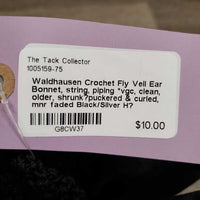 Crochet Fly Veil Ear Bonnet, string, piping *vgc, clean, older, shrunk?puckered & curled, mnr faded