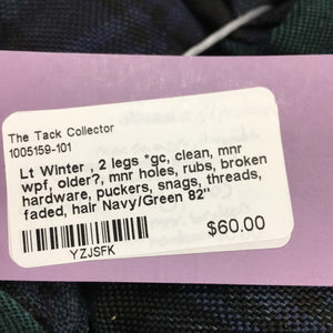 Lt Winter Blanket, 2 legs *gc, clean, mnr wpf, older?, mnr holes, rubs, broken hardware, puckers, snags, threads, faded, hair