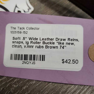 Soft .5" Wide Leather Draw Reins, snaps, lg Roller Buckle *like new, clean, v.mnr rubs