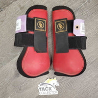 Pr Open Front Boots, velcro *gc, dirty, scrapes, stains, mnr peeled edges, stretched elastic