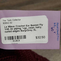 Crochet Ear Bonnet Fly Veil, 2x piping *vgc, clean, hairy, curled edges
