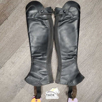 Leather Half Chaps, Back Zips, Bag *gc, clean, mnr dirt, rubs, marker, pills, repaired zippers, v.stretched elastic
