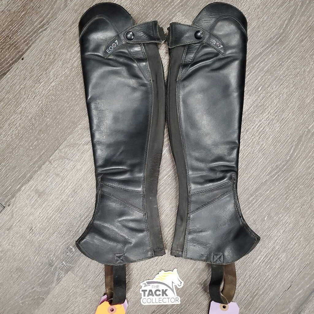Leather Half Chaps, Back Zips, Bag *gc, clean, mnr dirt, rubs, marker, pills, repaired zippers, v.stretched elastic