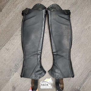 Leather Half Chaps, Back Zips, Bag *gc, clean, mnr dirt, rubs, marker, pills, repaired zippers, v.stretched elastic
