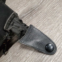 Leather Half Chaps, Back Zips, Bag *gc, clean, mnr dirt, rubs, marker, pills, repaired zippers, v.stretched elastic
