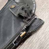 Leather Half Chaps, Back Zips, Bag *gc, clean, mnr dirt, rubs, marker, pills, repaired zippers, v.stretched elastic