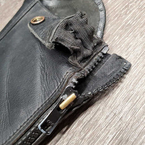 Leather Half Chaps, Back Zips, Bag *gc, clean, mnr dirt, rubs, marker, pills, repaired zippers, v.stretched elastic