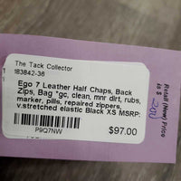 Leather Half Chaps, Back Zips, Bag *gc, clean, mnr dirt, rubs, marker, pills, repaired zippers, v.stretched elastic
