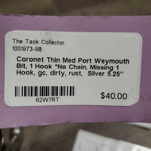 Thin Med Port Weymouth Bit, 1 Hook *No Chain, Missing 1 Hook, gc, dirty, rust