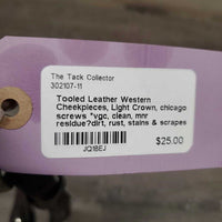 Tooled Leather Western Cheekpieces, Light Crown, chicago screws *vgc, clean, mnr residue?dirt, rust, stains & scrapes