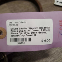 Double Leather Western Headstall Pieces ONLY: 16" Crown, 2 Cheek Pieces *gc, dirty, green residue, scrapes, dry
