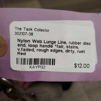 Nylon Web Lunge Line, rubber disc end, loop handle *fair, stains, v.faded, rough edges, dirty, rust