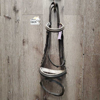 Rsd Padded Dressage Bridle, Crank, Flash *gc, fair, older, stains, dirty, loose clinkers, stiff, dry, scraped edges, tight keeper
