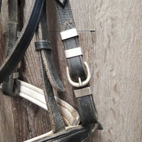 Rsd Padded Dressage Bridle, Crank, Flash *gc, fair, older, stains, dirty, loose clinkers, stiff, dry, scraped edges, tight keeper