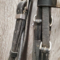 Rsd Padded Dressage Bridle, Crank, Flash *gc, fair, older, stains, dirty, loose clinkers, stiff, dry, scraped edges, tight keeper