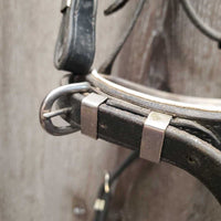 Rsd Padded Dressage Bridle, Crank, Flash *gc, fair, older, stains, dirty, loose clinkers, stiff, dry, scraped edges, tight keeper
