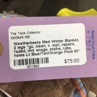 Med Winter Blanket, 2 legs *gc, clean, v. wpf, repairs, faded, mnr snags, stains, rubs, holes
