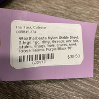 Nylon Stable Sheet, 2 legs *gc, dirty, threads, mnr hair, stains, snags, hole, cracks, smell, loose seams
