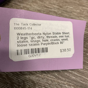 Nylon Stable Sheet, 2 legs *gc, dirty, threads, mnr hair, stains, snags, hole, cracks, smell, loose seams