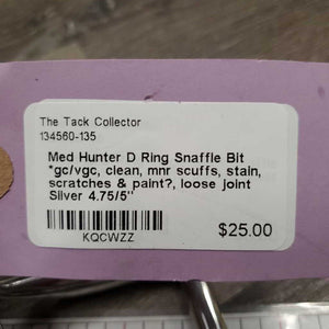 Med Hunter D Ring Snaffle Bit *gc/vgc, clean, mnr scuffs, stain, scratches & paint?, loose joint