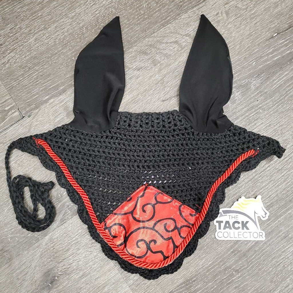 Crochet Ear Bonnet Fly Veil, piping, string *like new, mnr hair, creased nose, mnr edge threads