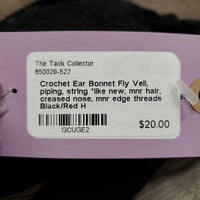 Crochet Ear Bonnet Fly Veil, piping, string *like new, mnr hair, creased nose, mnr edge threads