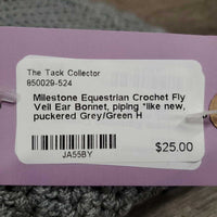 Crochet Fly Veil Ear Bonnet, piping *like new, puckered