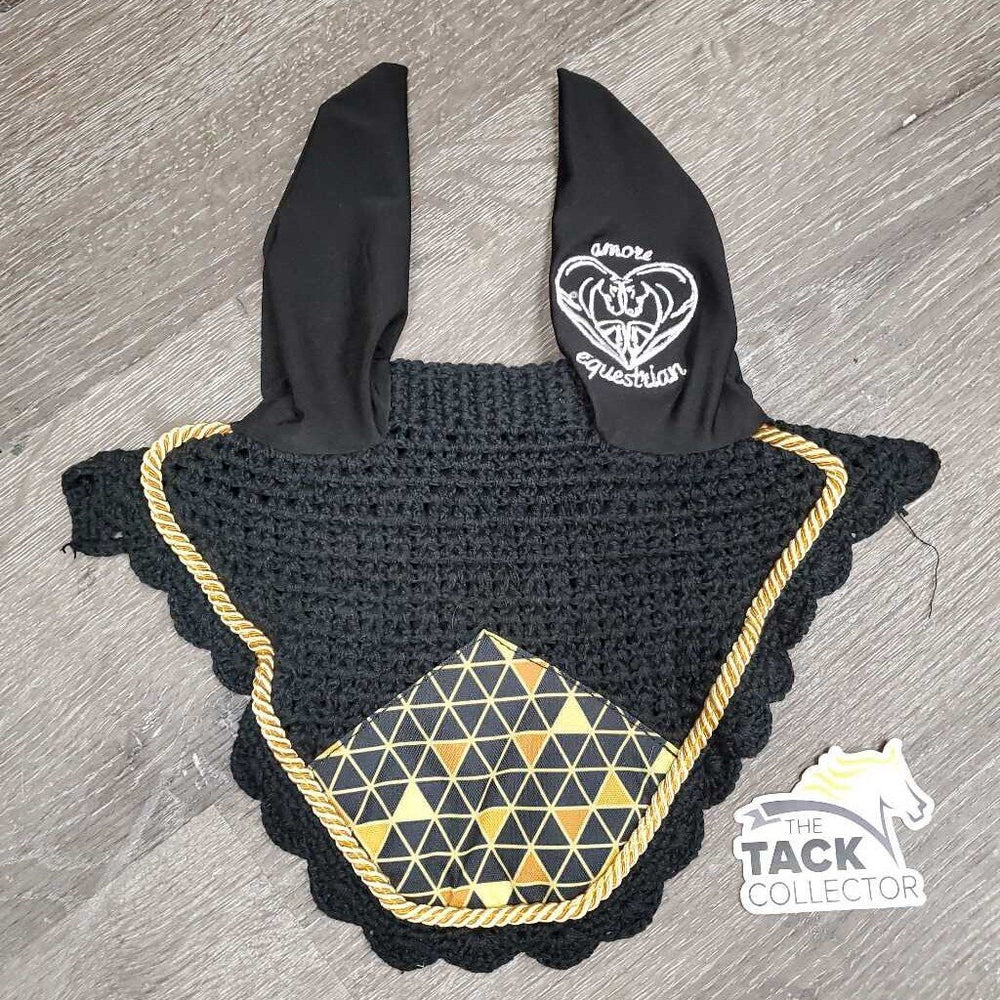 Crochet Fly Veil Ear Bonnet, piping *like new, puckered, mnr dirt?residue & hair