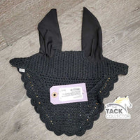 Crochet Fly Veil Ear Bonnet, piping *like new, puckered, mnr dirt?residue & hair
