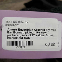 Crochet Fly Veil Ear Bonnet, piping *like new, puckered, mnr dirt?residue & hair
