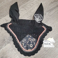 Crochet Fly Veil Ear Bonnet, 2x piping, bling *like new, puckered
