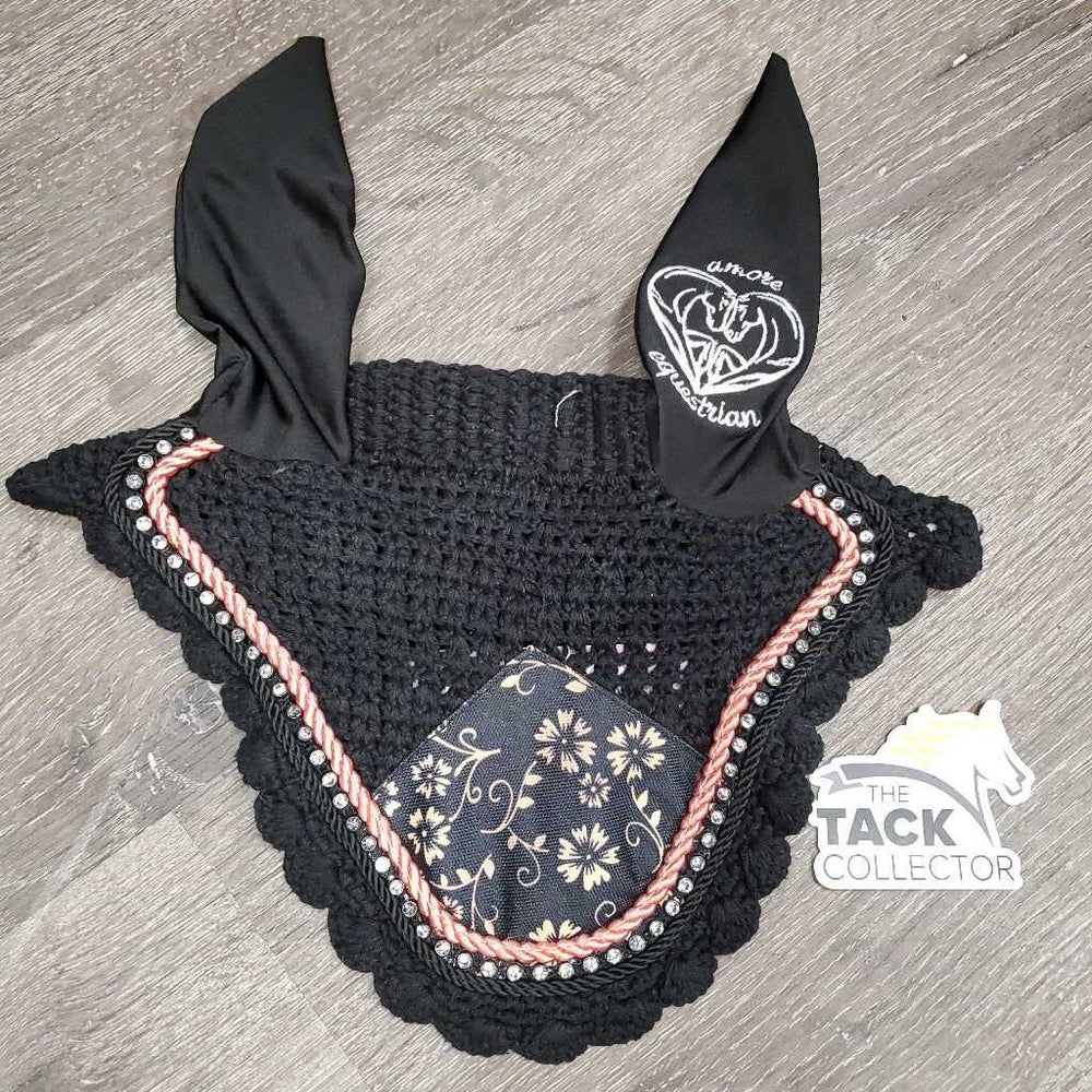 Crochet Fly Veil Ear Bonnet, 2x piping, bling *like new, puckered