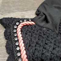Crochet Fly Veil Ear Bonnet, 2x piping, bling *like new, puckered
