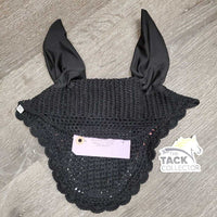 Crochet Fly Veil Ear Bonnet, 2x piping, bling *like new, puckered
