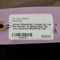 Crochet Fly Veil Ear Bonnet, 2x piping, bling *like new, puckered
