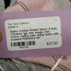 Cotton Stable Sheet, 2 legs, 1 broken *gc, mnr snags, hair, stains, faded, rubs, lining holes, pills, puckers