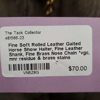 Fine Soft Rolled Leather Gaited Horse Show Halter, Fine Leather Shank, Fine Brass Nose Chain *vgc, mnr residue & brass stains

