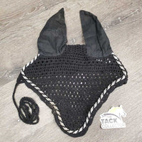 Crochet Ear Bonnet Fly Veil, string, piping *gc, clean, mnr dirt?stains, hair, older, curled
