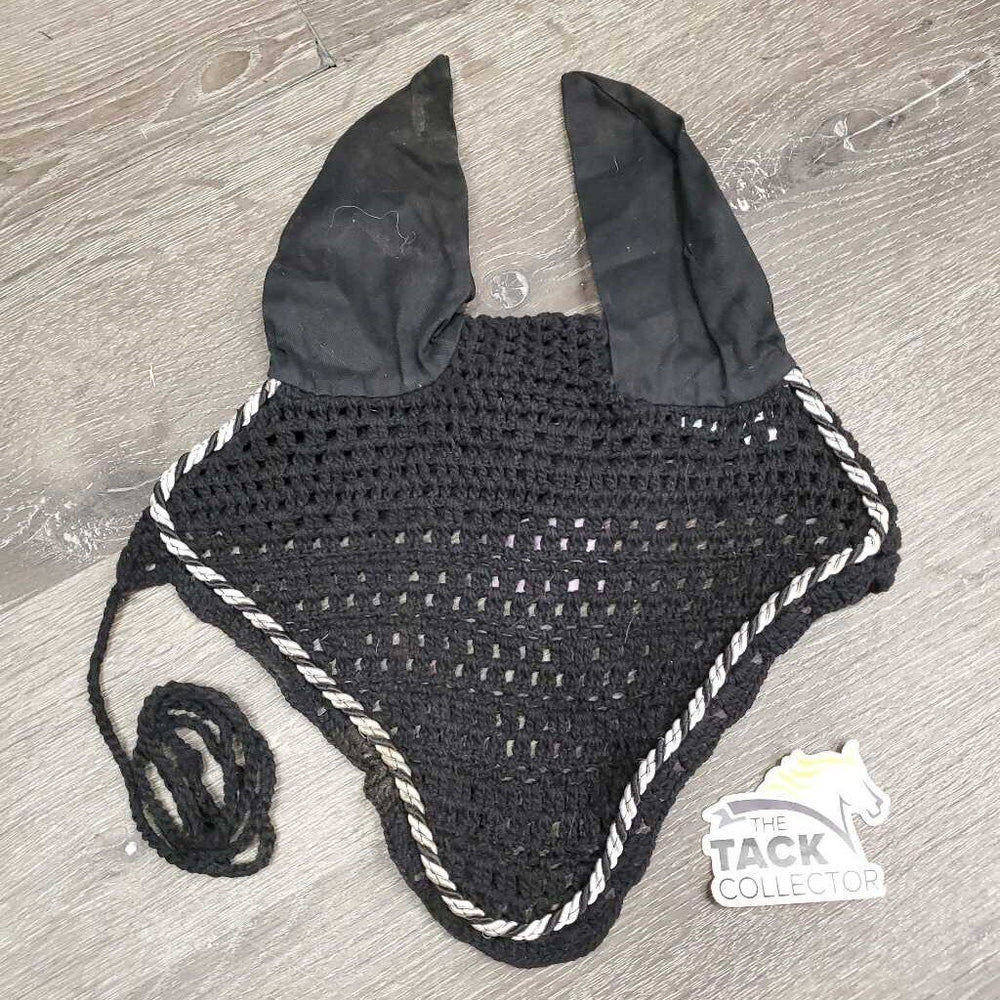 Crochet Ear Bonnet Fly Veil, string, piping *gc, clean, mnr dirt?stains, hair, older, curled